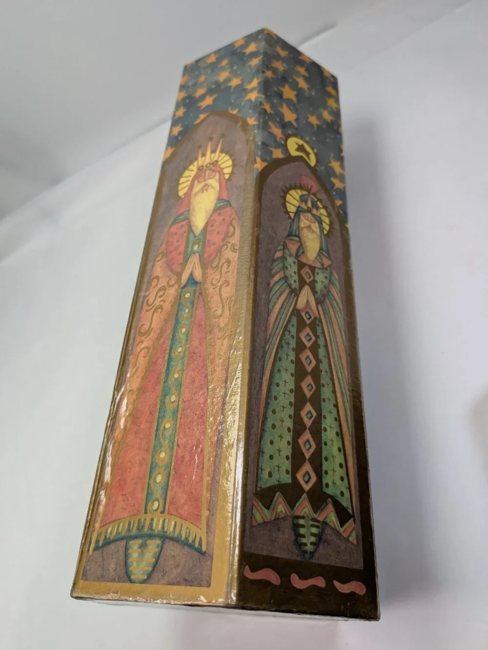 Vintage Three Kings Wise Men Saints Christmas Wine Gift Box Tall Hexagon 13
